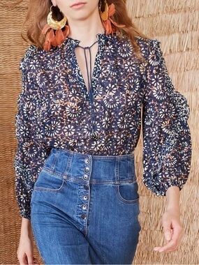 Ulla Johnson Ruffle Long-Sleeve Floral Lillian Cotton Blouse Women’s Sz 8